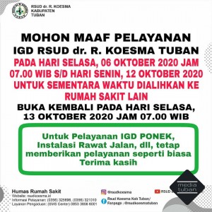 PEMBERITAHUAN Pengalihan Pelayanan IGD RUSD dr. R. KOESMA TUBAN